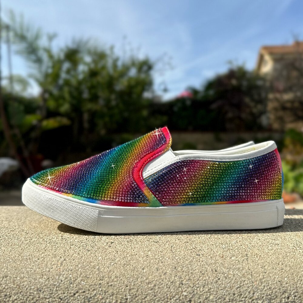 New Rainbow Multi-Color Rhinestone Crystal Fashion Sneakers Low Platform Slip On - Picture 1 of 4